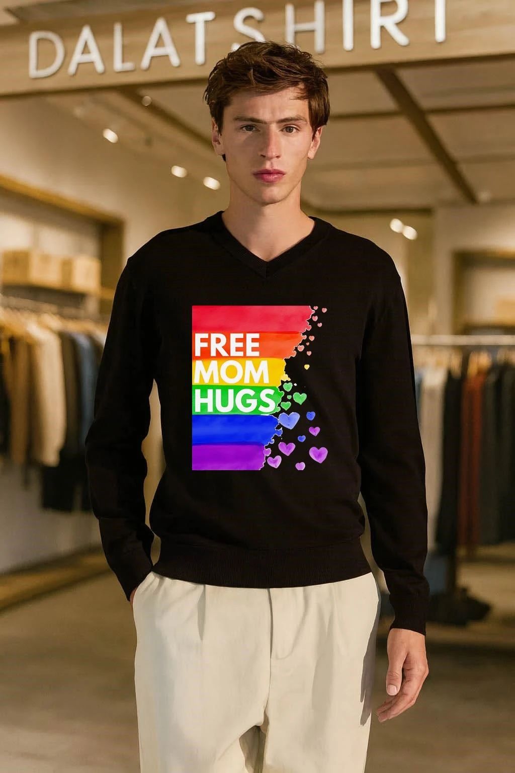 Free Mom Hugs LGBTQ Pride Rainbow Hearts Watercolor Art shirt
