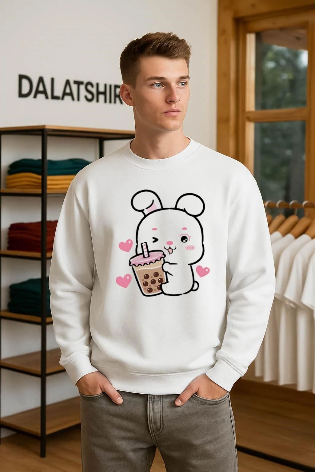 Winking Bunny Drinking Boba Tea Hearts shirt
