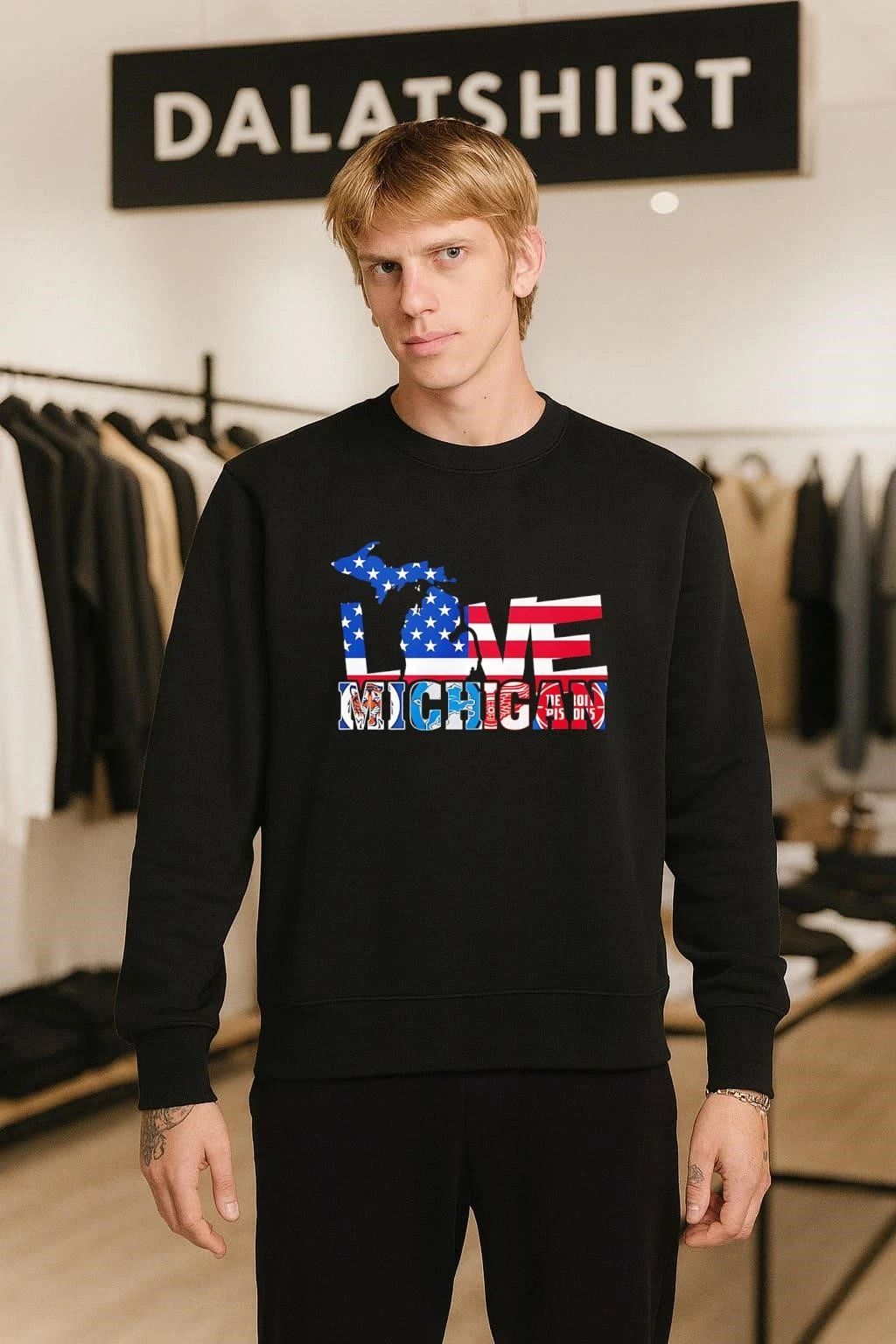 Love Michigan Map USA Flag Detroit Tigers Lions Red Wings Pistons shirt