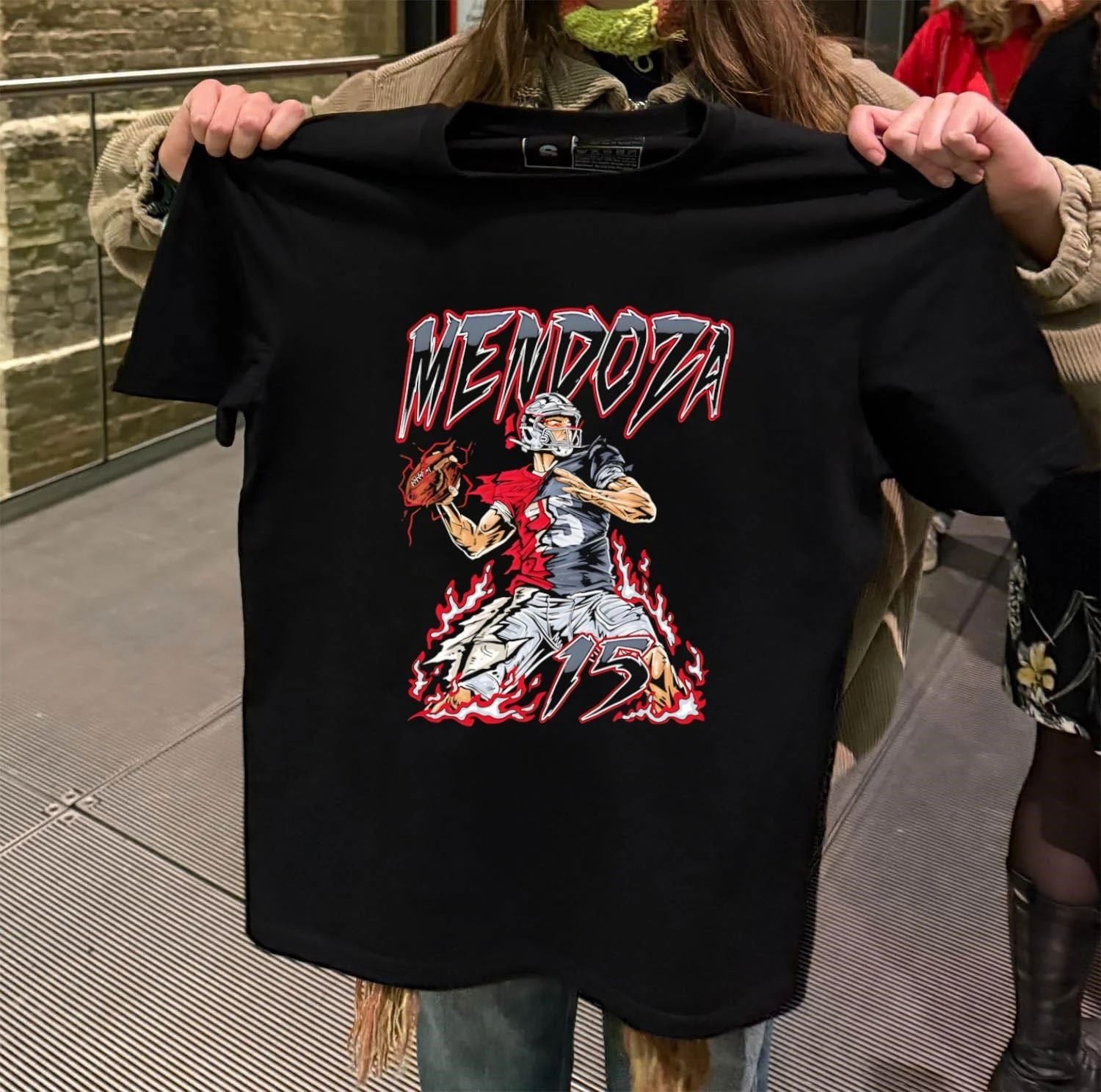 Mendoza 15 American Football Quarterback Throwing Ball In Red Flames shirt