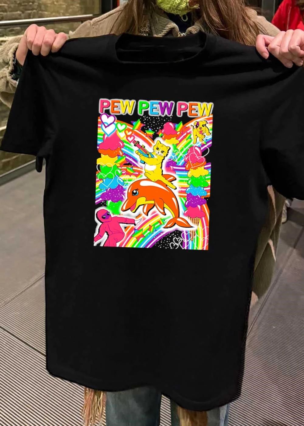 Pew Pew Pew Cute Cat Riding Orange Dolphin Rainbow shirt