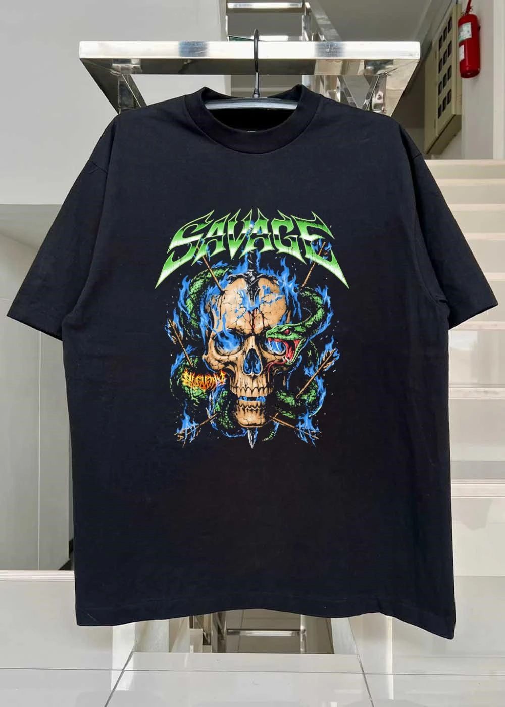 Savage Skull Snake Blue Flames Arrows T-Shirt