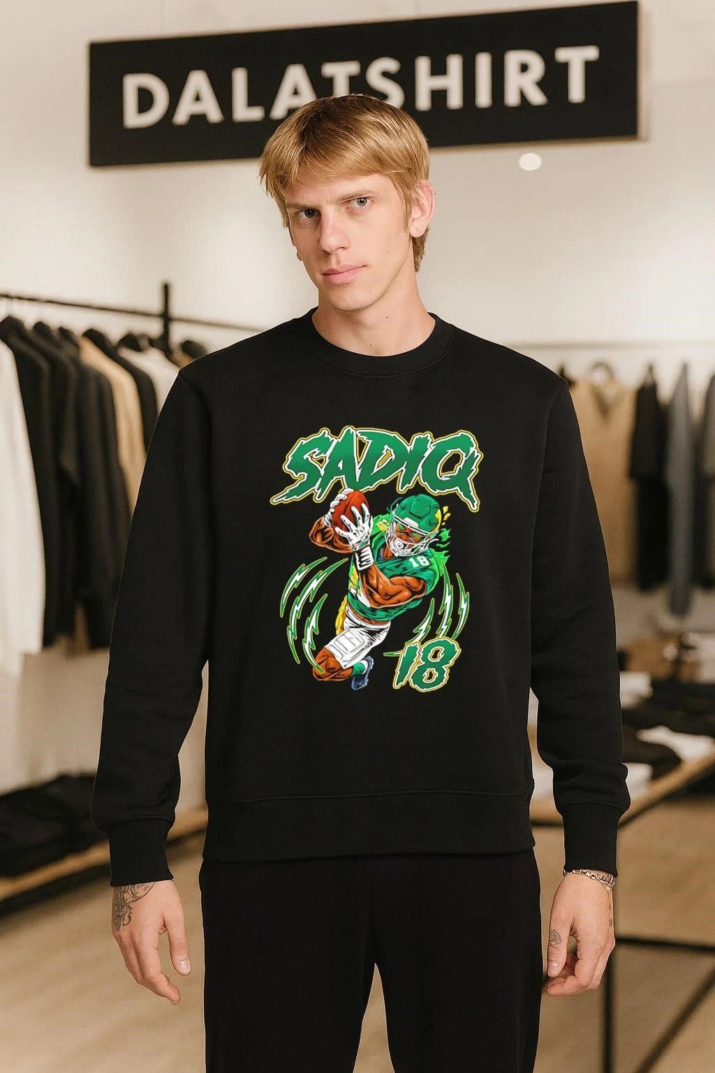 Sadiq 18 American Football Player Catching Ball Neon Green Lightning shirt