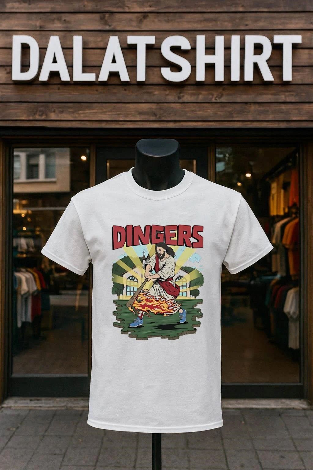 Dingers Jesus Hitting Baseball With Flaming Bat Church Background shirt
