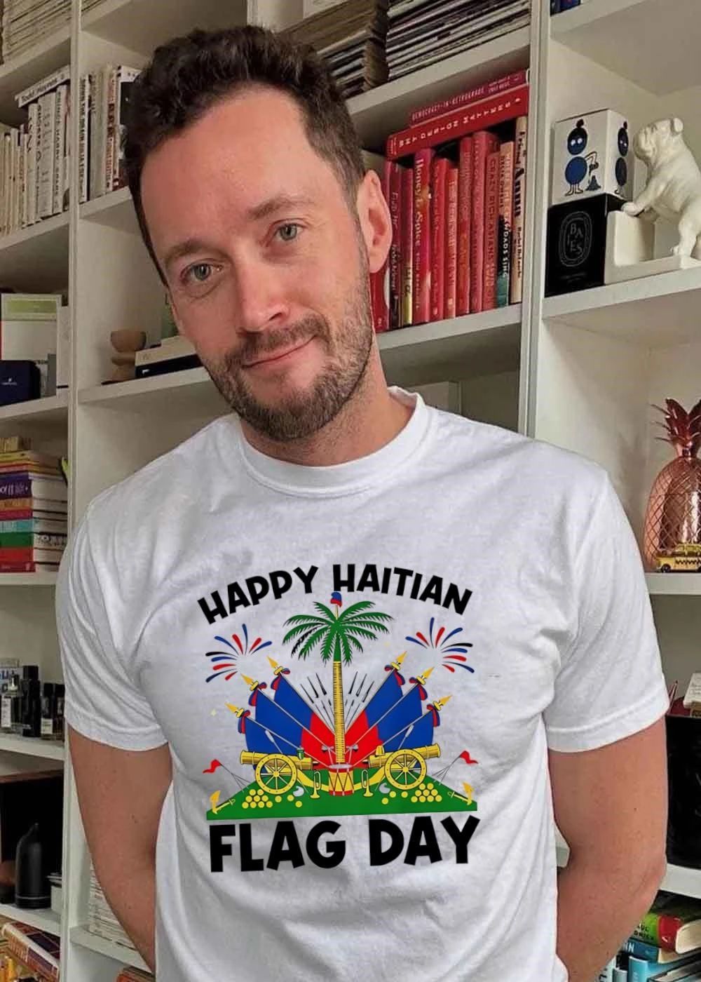 Happy Haitian Flag Day Haitian Coat Of Arms Palm Tree Cannons Fireworks T-Shirt