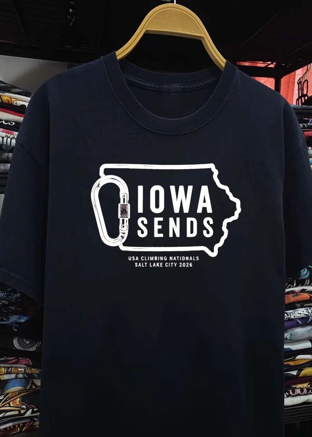 Iowa Sends USA Climbing Nationals 2026 Carabiner Iowa State Outline T-Shirt