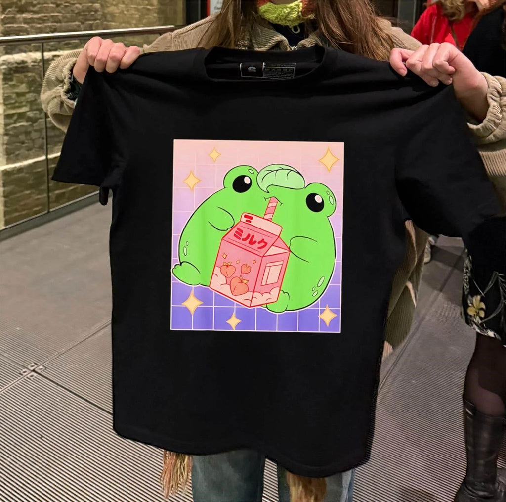 Frog Drinking Peach Milk Cartoon shirt