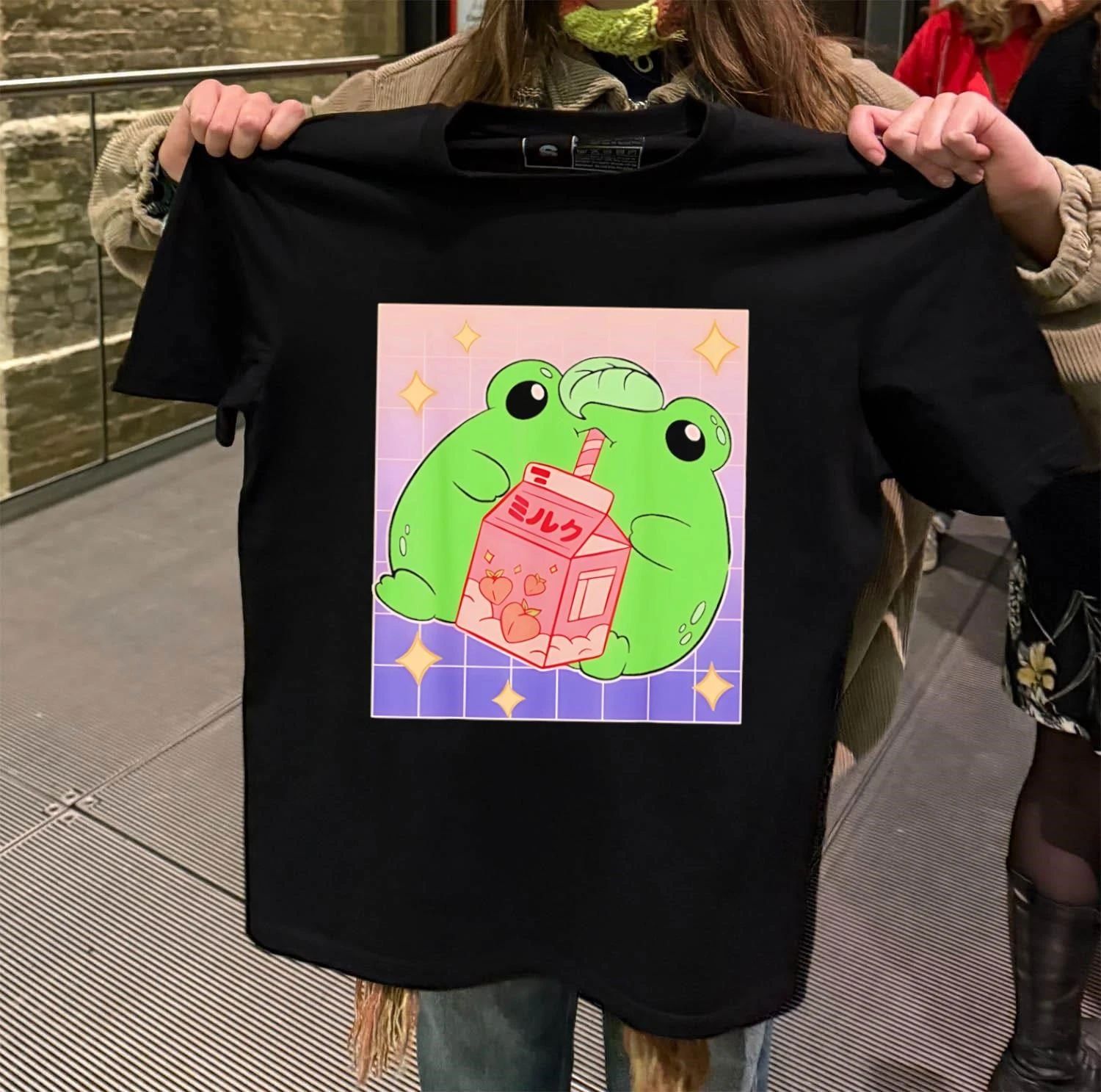 Frog Drinking Peach Milk Cartoon shirt