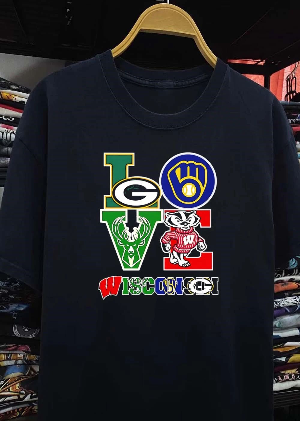 Love Wisconsin Green Bay Packers Brewers Bucks Badgers Logos T-Shirt