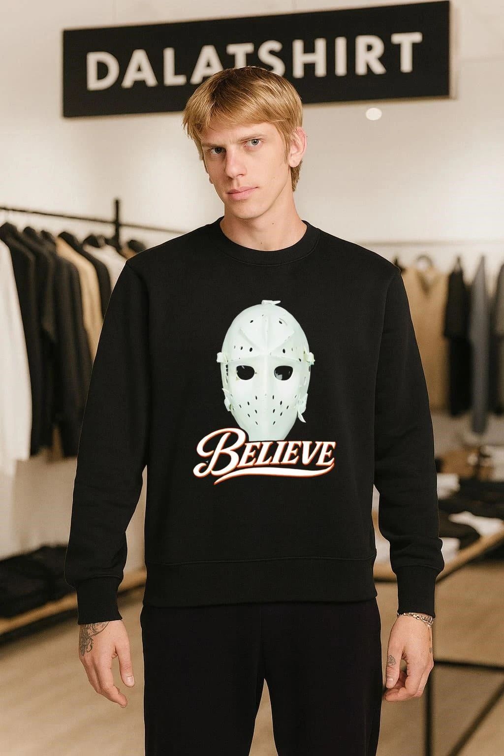 White Hockey Goal Keeper Mask Believe Sports shirt