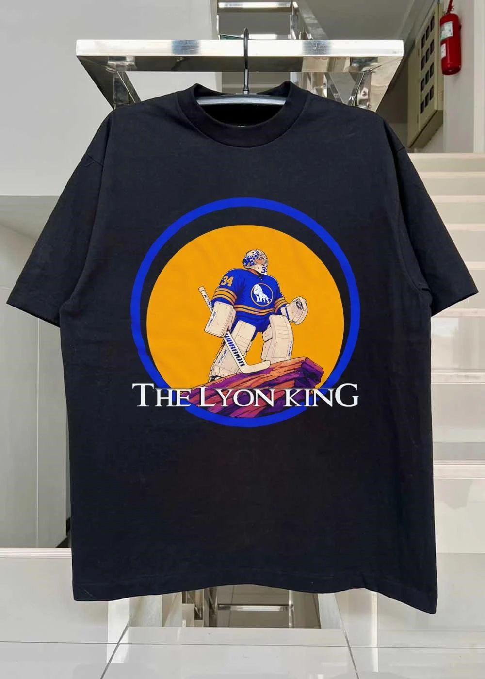 The Lyon King Buffalo Sabres Hockey Goalie 34 Lion Logo T-Shirt