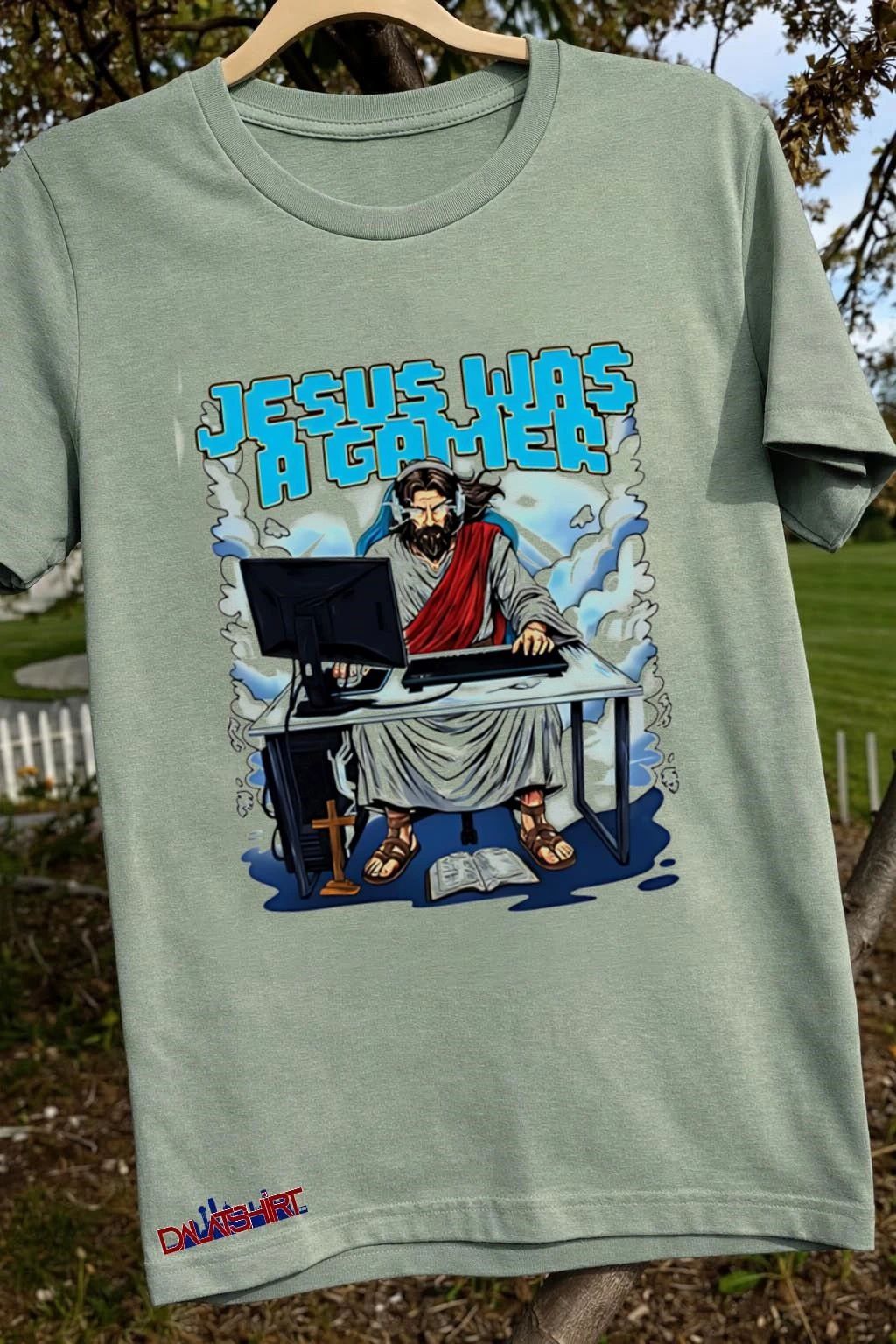 Jesus Was A Gamer Glowing Eyes PC Bible Cross shirt