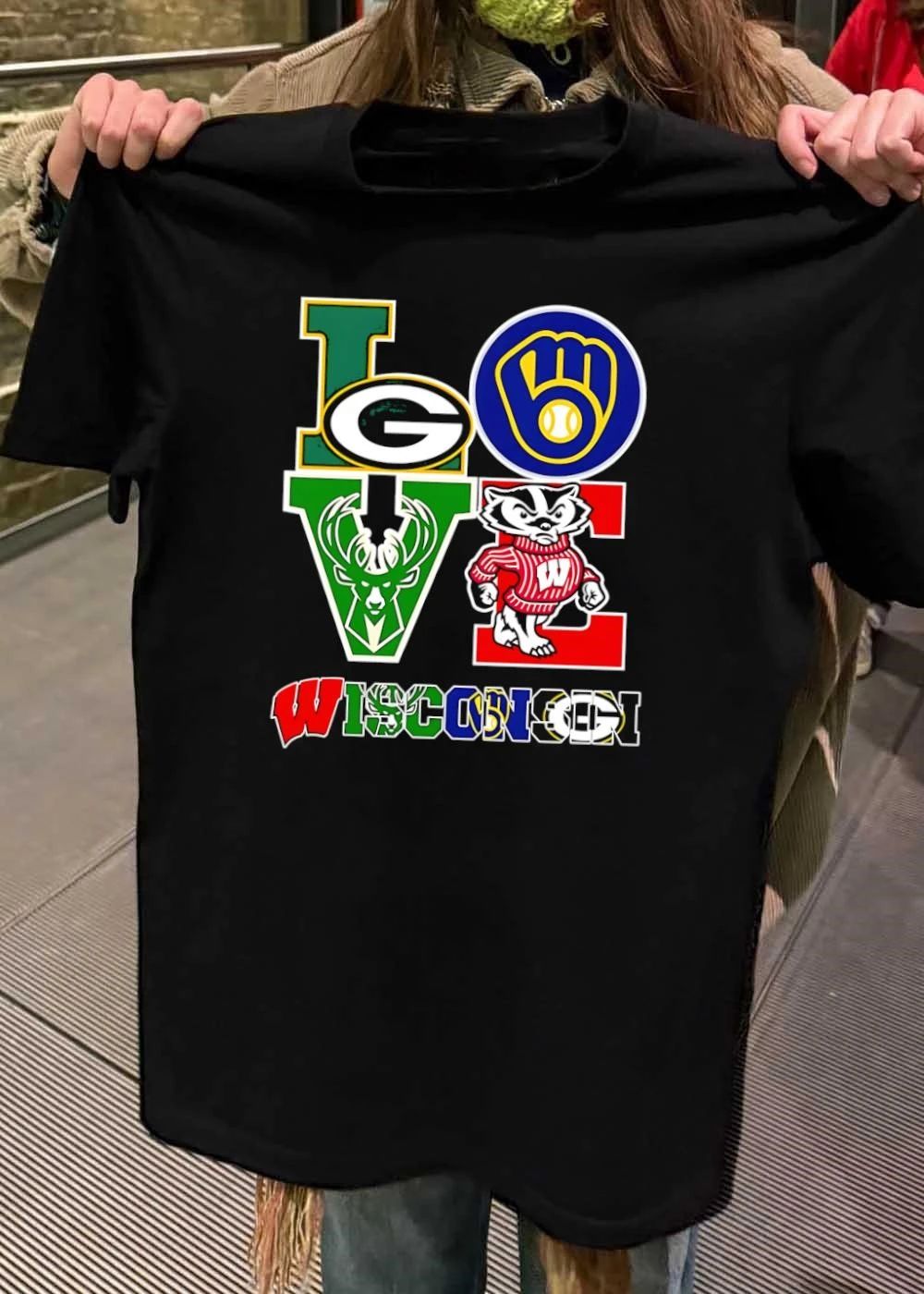 Love Wisconsin Green Bay Packers Brewers Bucks Badgers Logos T-Shirt
