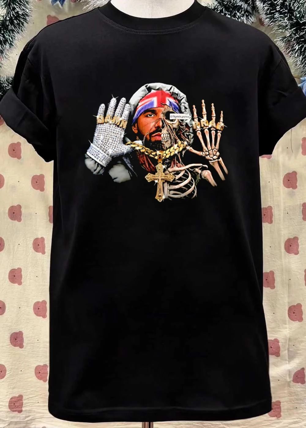 Damn Pray Drake Skeleton Half Face Diamond Glove Cross Necklace shirt