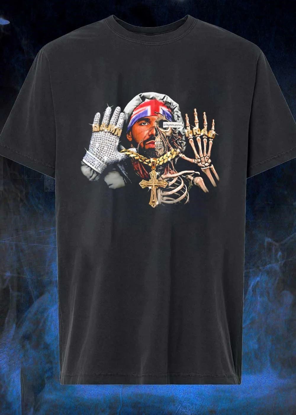 Damn Pray Drake Skeleton Half Face Diamond Glove Cross Necklace shirt