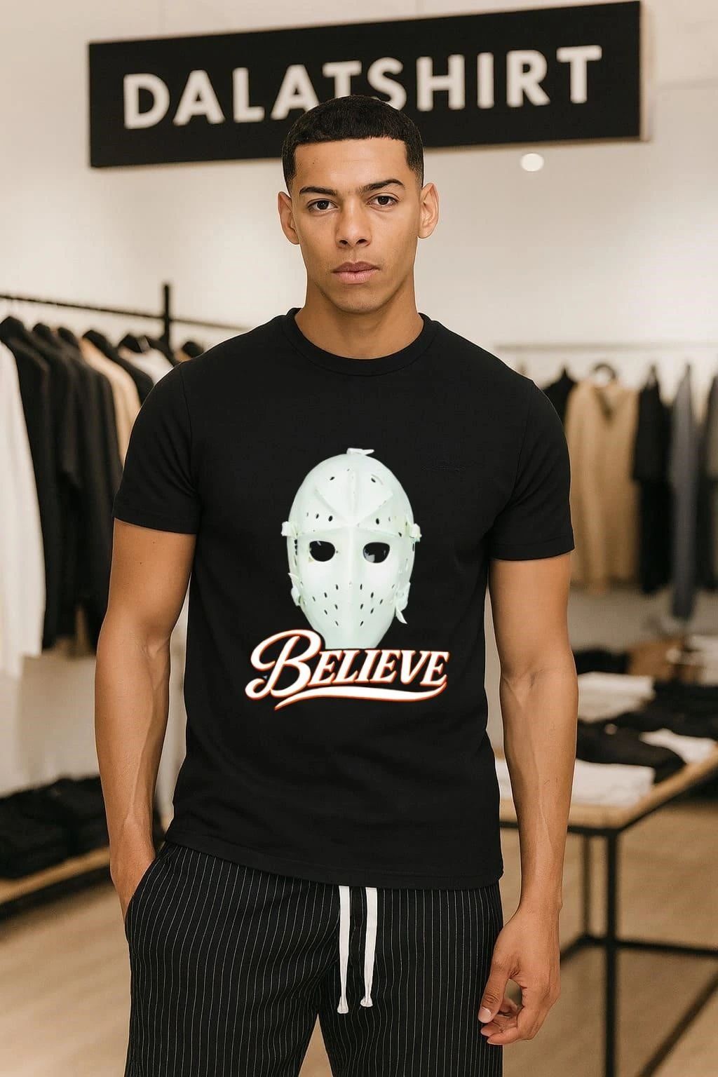 White Hockey Goal Keeper Mask Believe Sports shirt