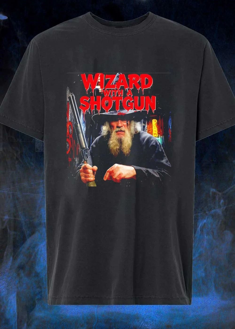 Wizard With A Shotgun Gritty Action Fantasy character shirt