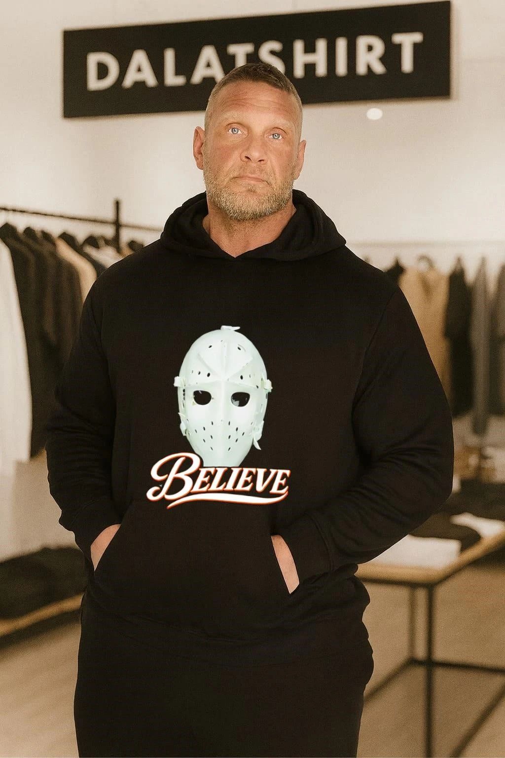 White Hockey Goal Keeper Mask Believe Sports shirt