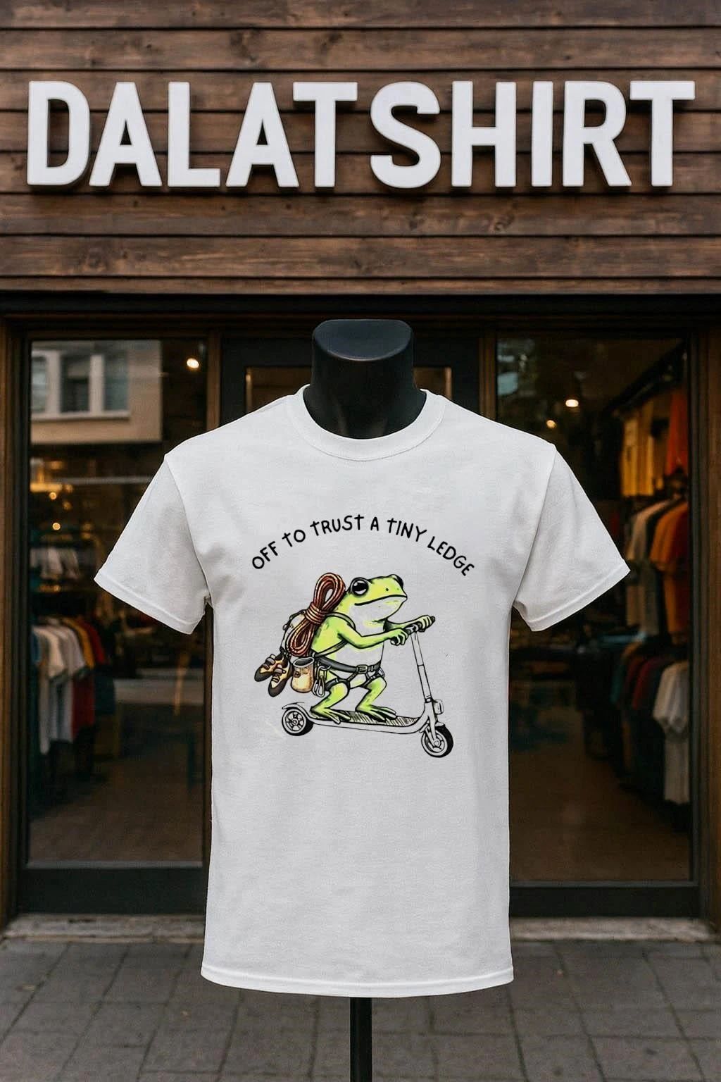 Off to Trust a Tiny Ledge Rock Climbing Frog on Scooter shirt