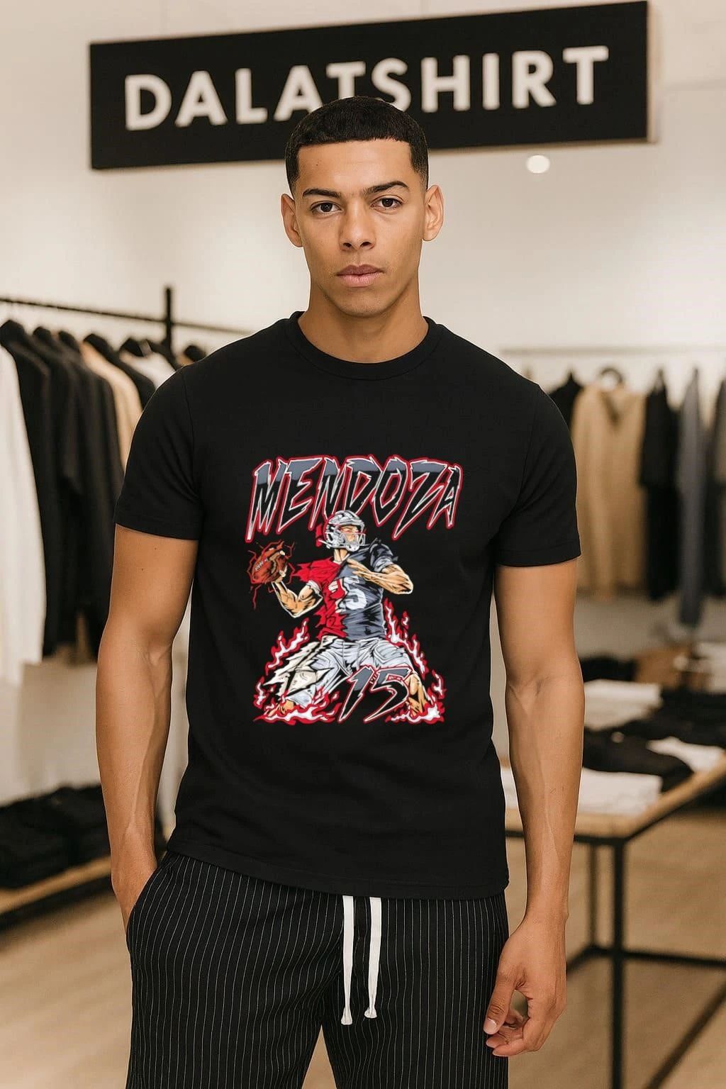 Mendoza 15 American Football Quarterback Throwing Ball In Red Flames shirt