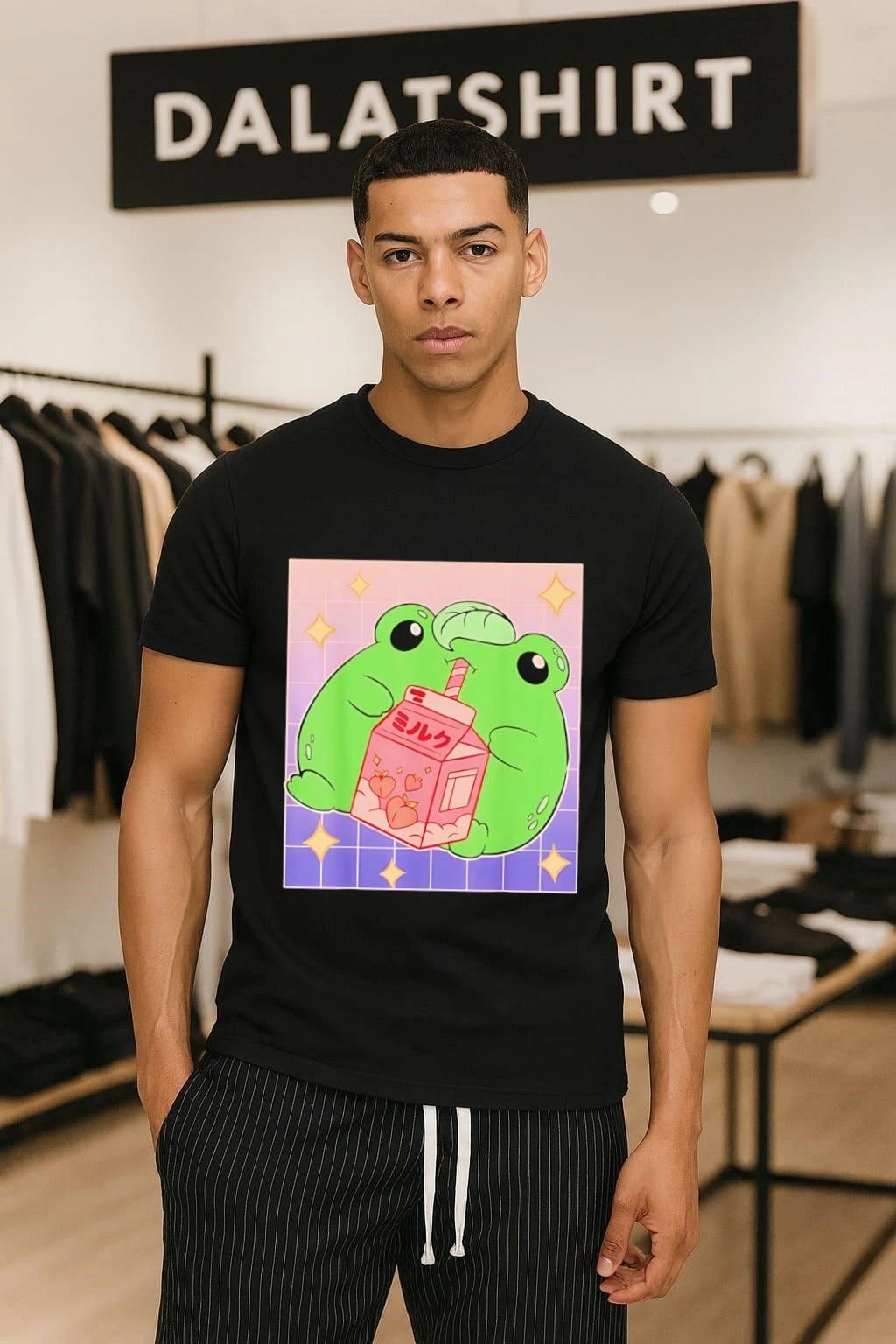 Frog Drinking Peach Milk Cartoon shirt