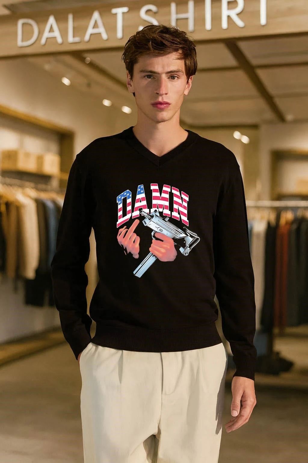 Damn American Flag Hand Holding Uzi Submachine Gun shirt