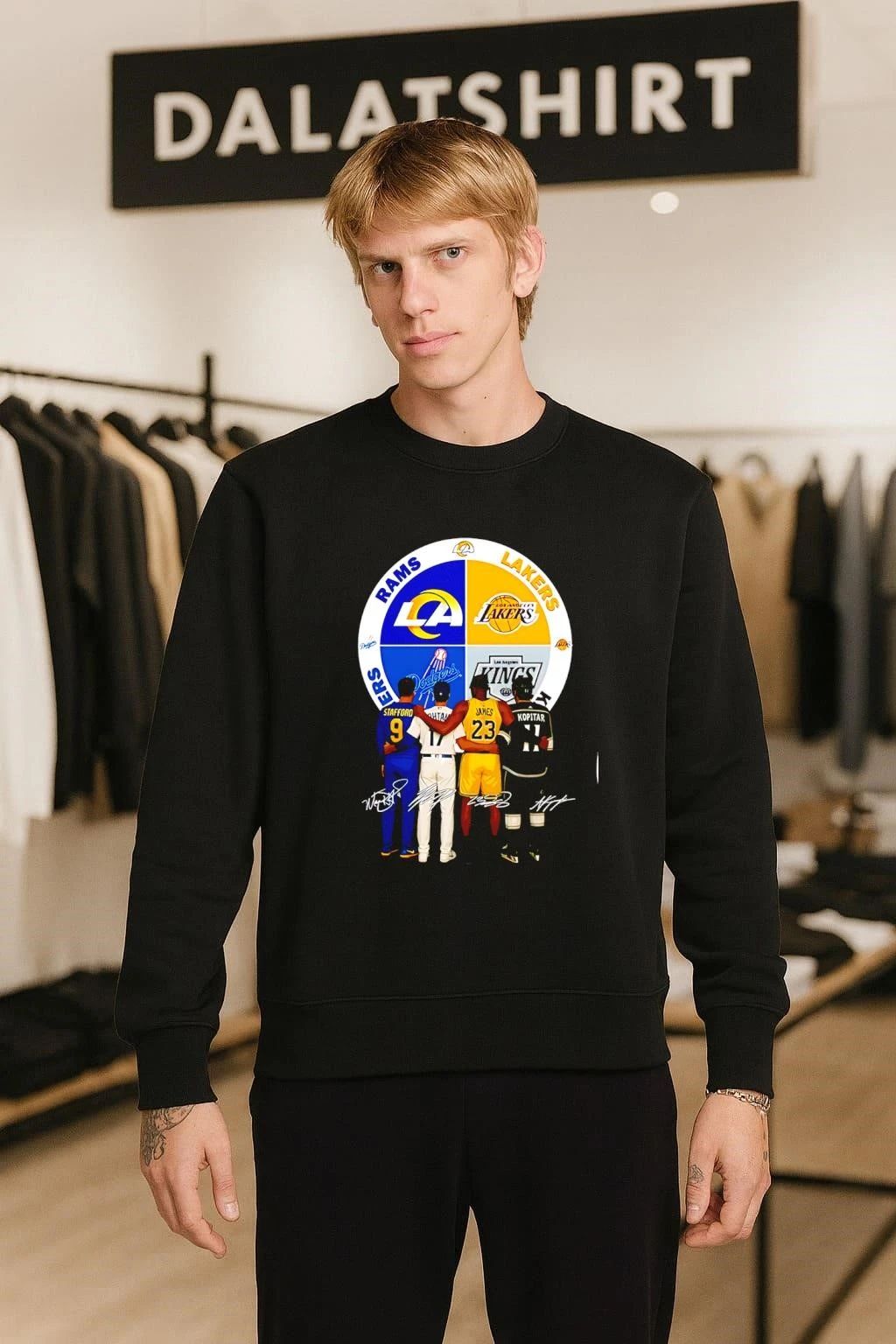 LA Rams Dodgers Lakers Kings logos and players shirt
