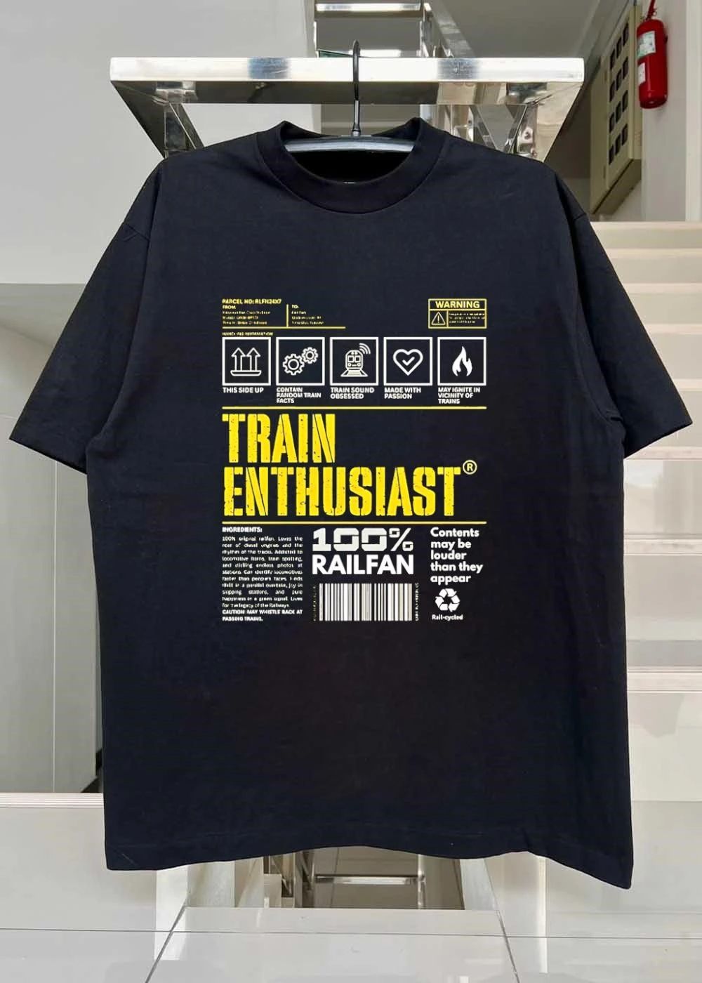 Train Enthusiast 100′ Railfan Shipping Label T-Shirt