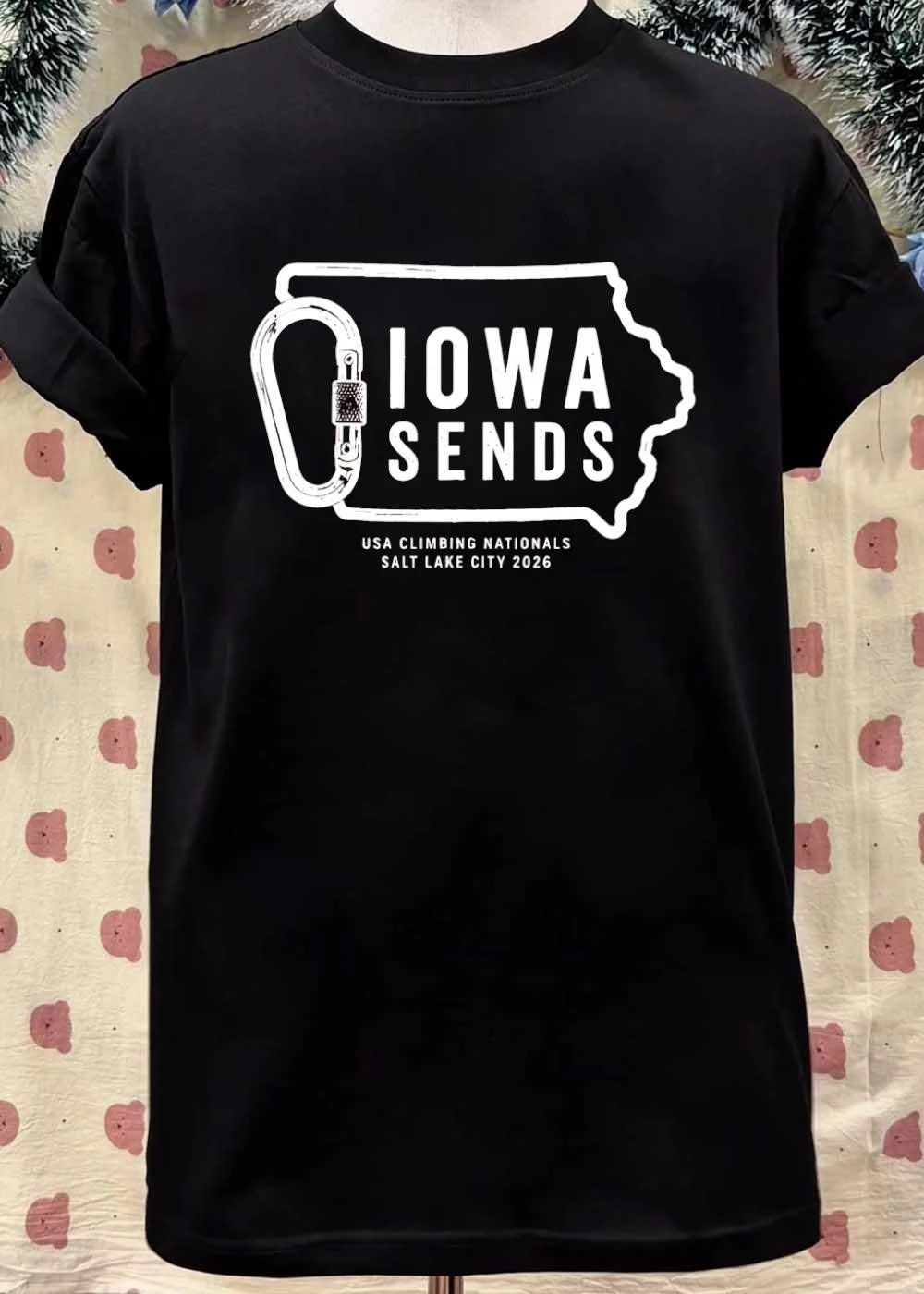 Iowa Sends USA Climbing Nationals 2026 Carabiner Iowa State Outline T-Shirt