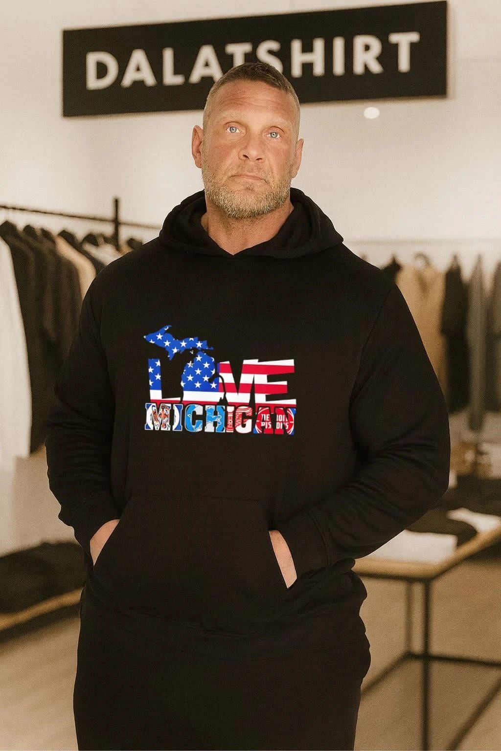 Love Michigan Map USA Flag Detroit Tigers Lions Red Wings Pistons shirt