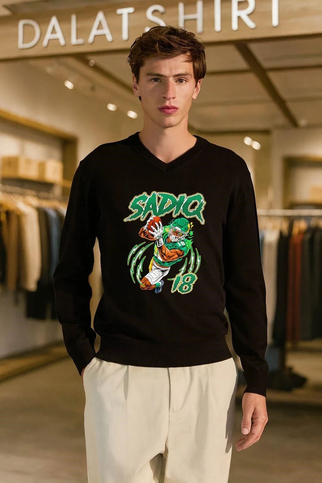 Sadiq 18 American Football Player Catching Ball Neon Green Lightning shirt