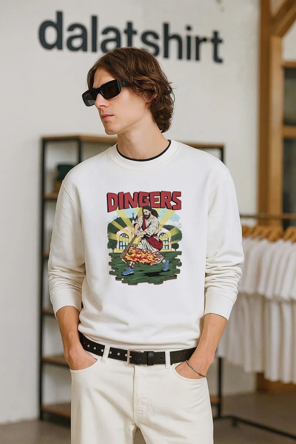 Dingers Jesus Hitting Baseball With Flaming Bat Church Background shirt