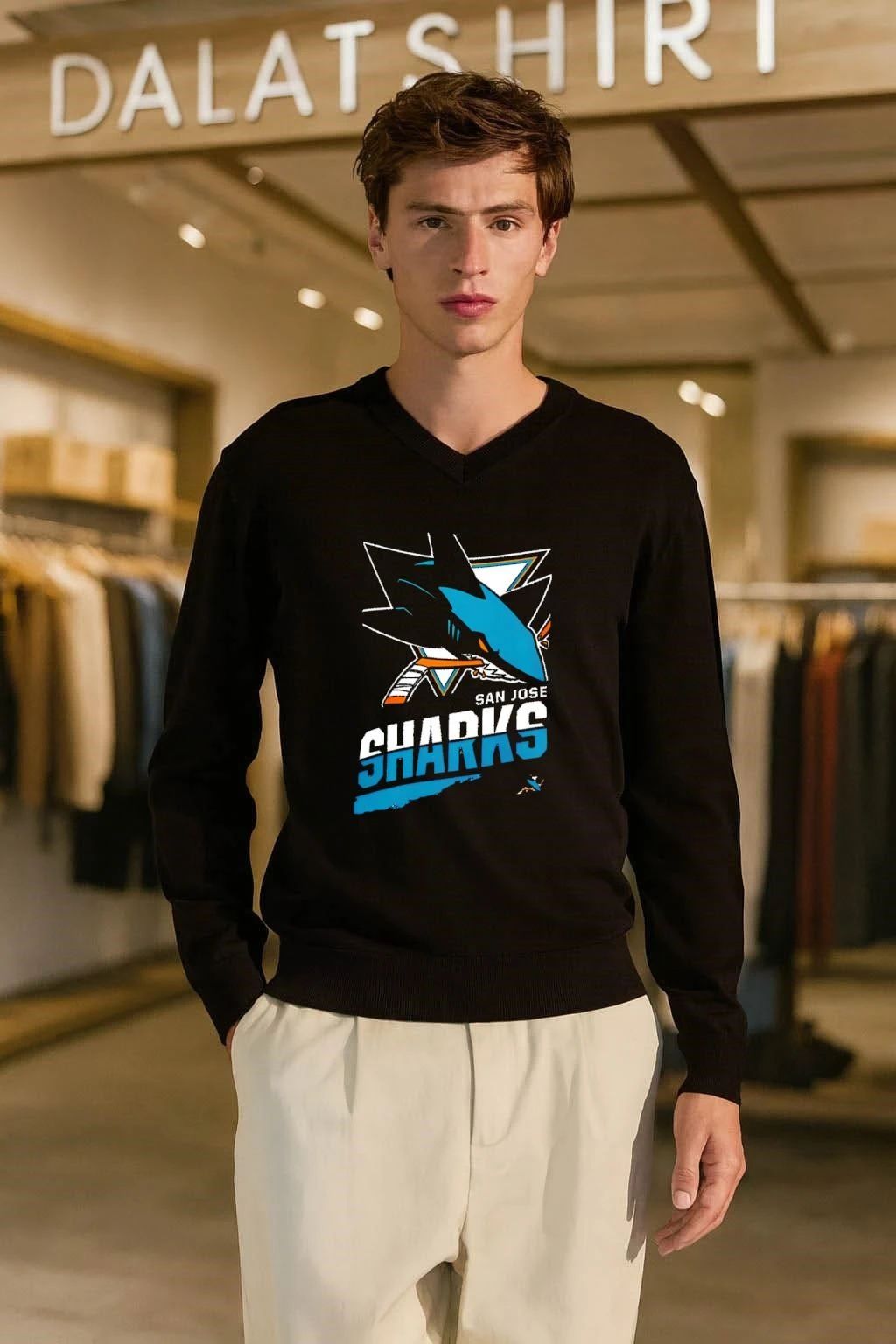 San Jose Sharks Teal Shark Biting Hockey Stick Graphic shirt