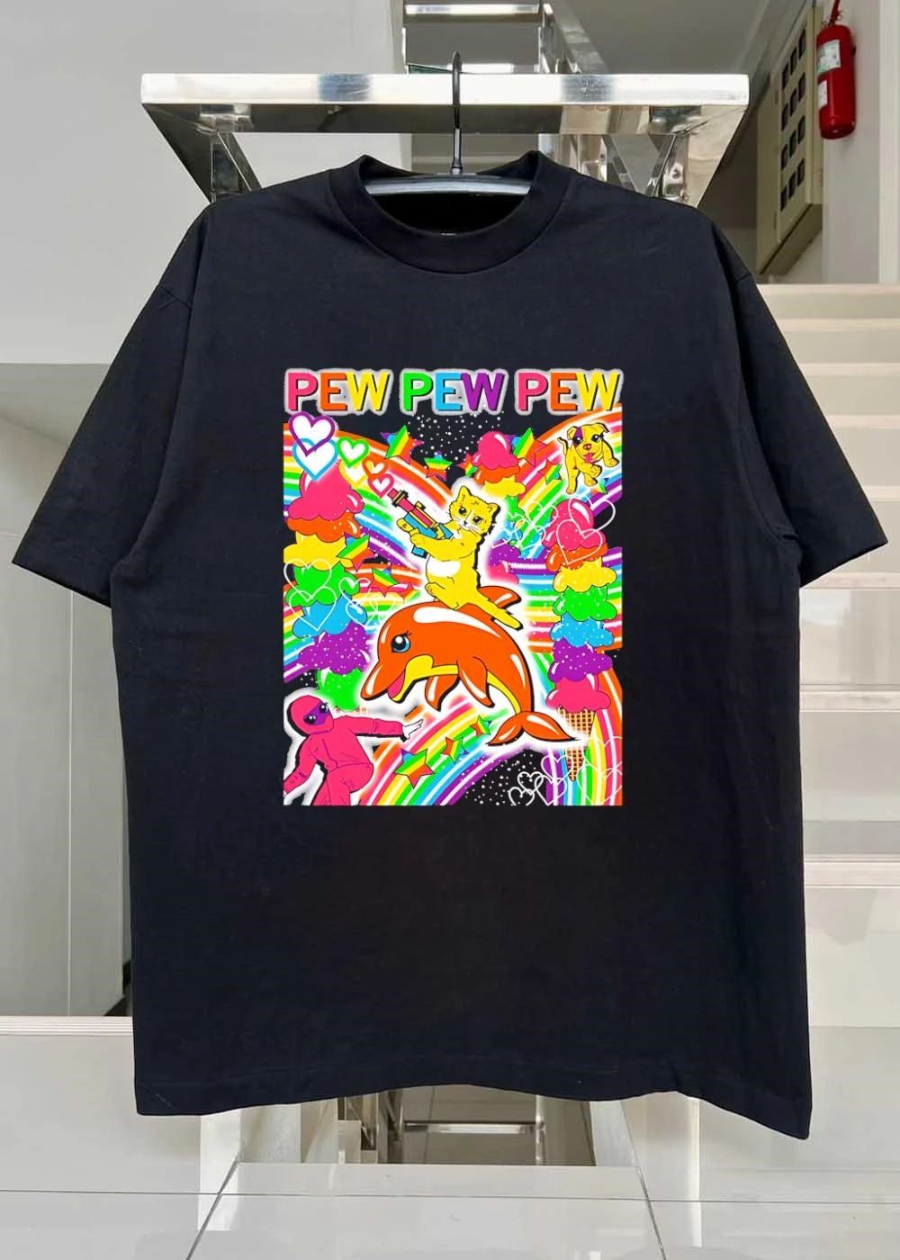 Pew Pew Pew Cute Cat Riding Orange Dolphin Rainbow shirt
