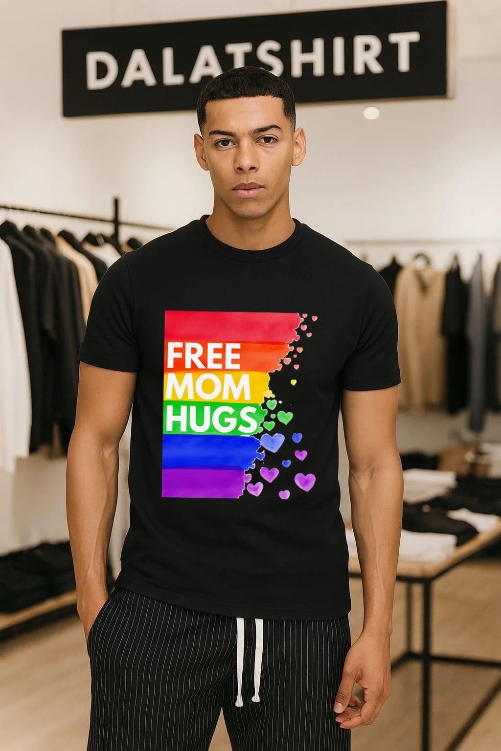 Free Mom Hugs LGBTQ Pride Rainbow Hearts Watercolor Art shirt