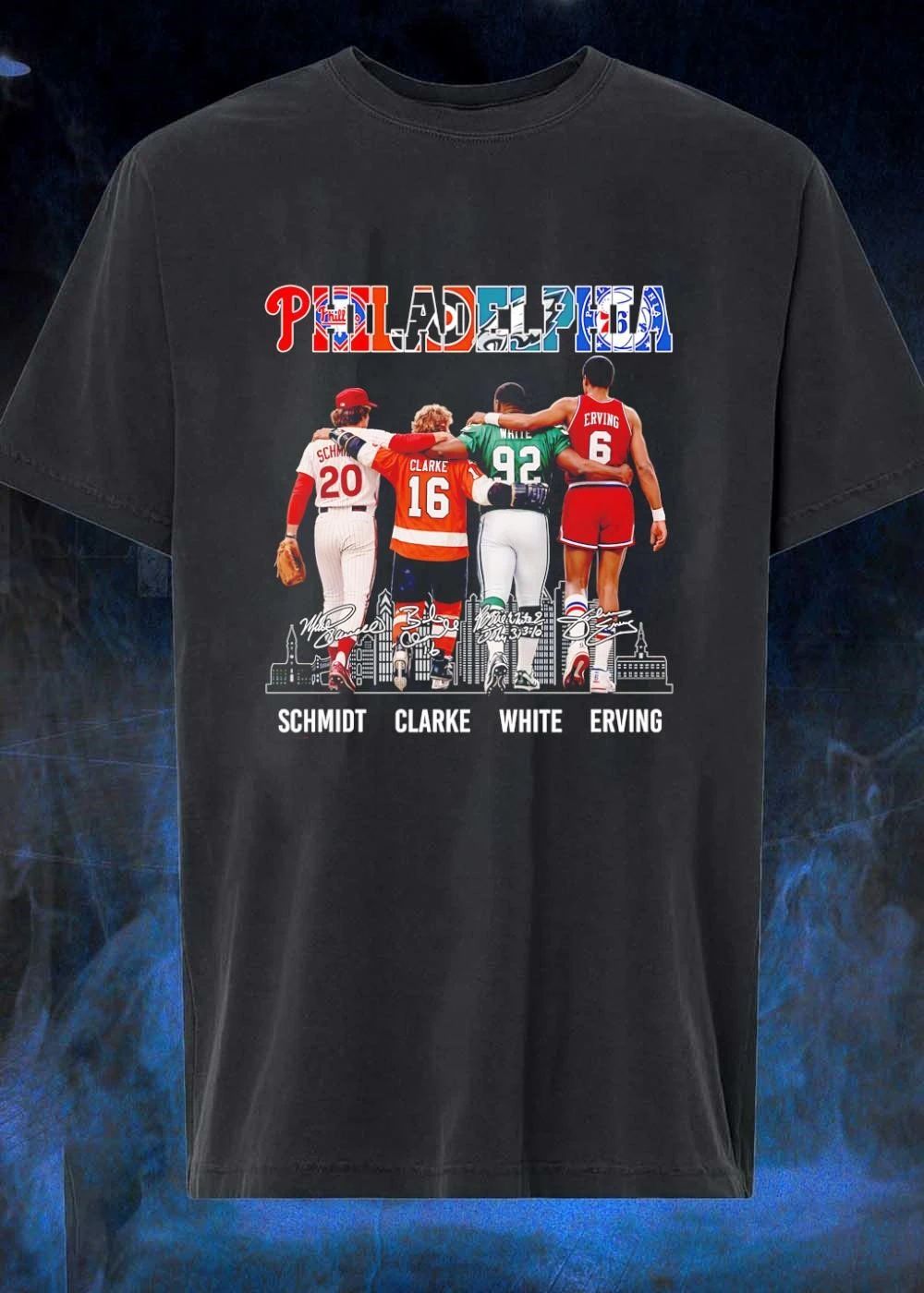 Philadelphia Team Logos Sports Legends Schmidt Clarke White Erving T-Shirt