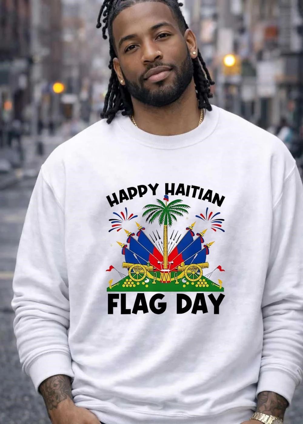 Happy Haitian Flag Day Haitian Coat Of Arms Palm Tree Cannons Fireworks T-Shirt