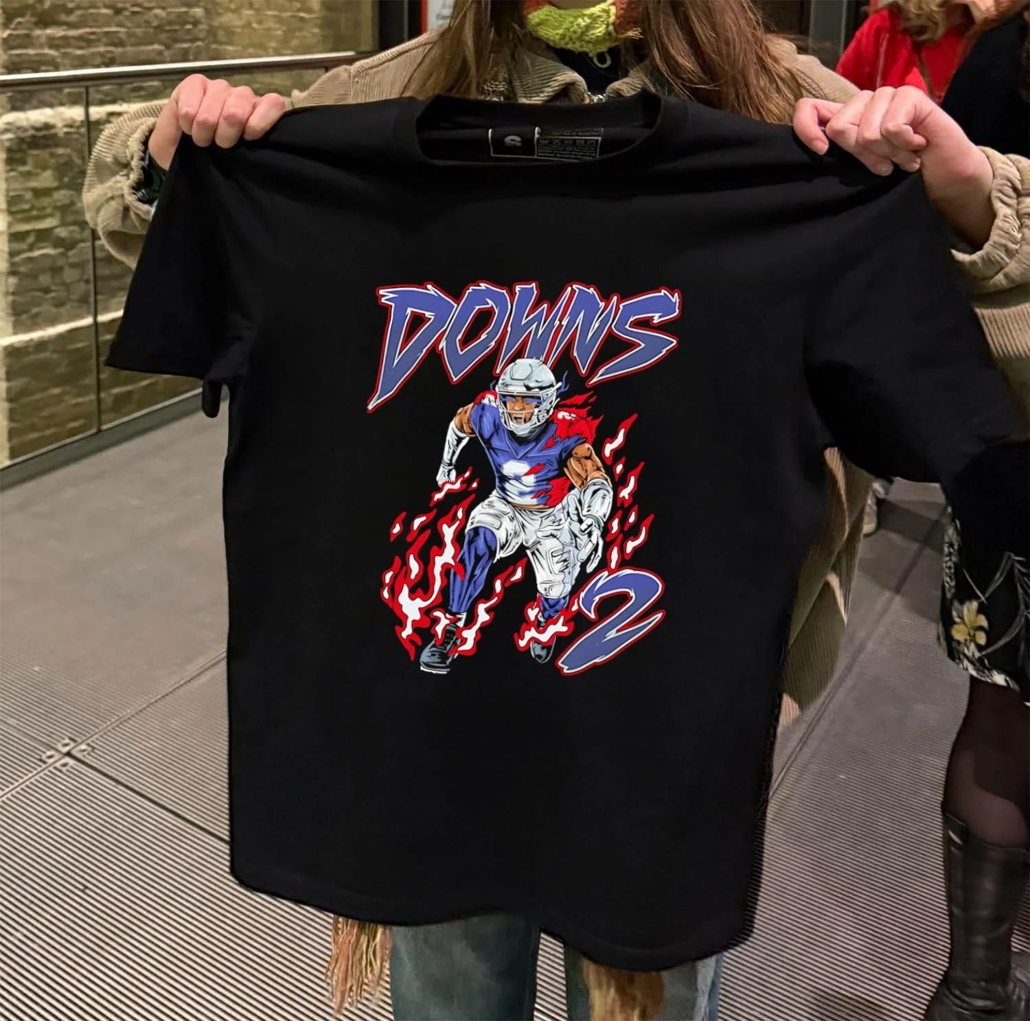 Downs 2 American Football Player Running Through Red Blue Flames shirt