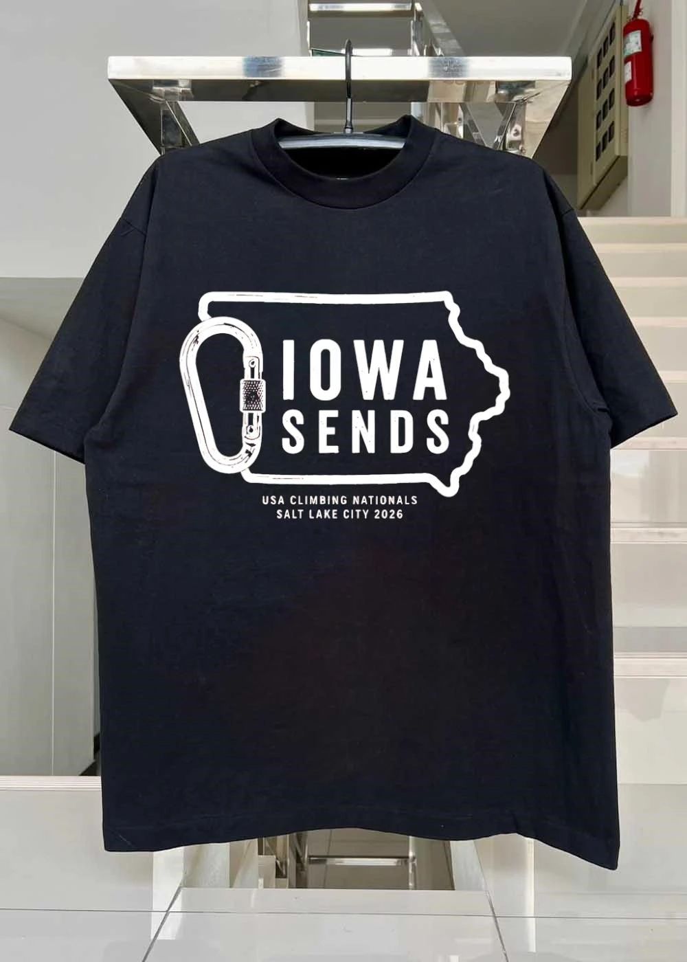 Iowa Sends USA Climbing Nationals 2026 Carabiner Iowa State Outline T-Shirt