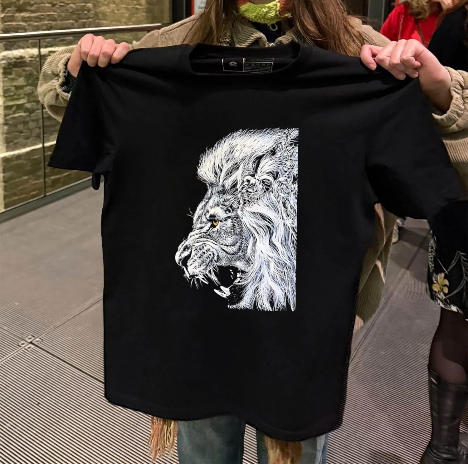 White Lion Head Roaring Black Background shirt